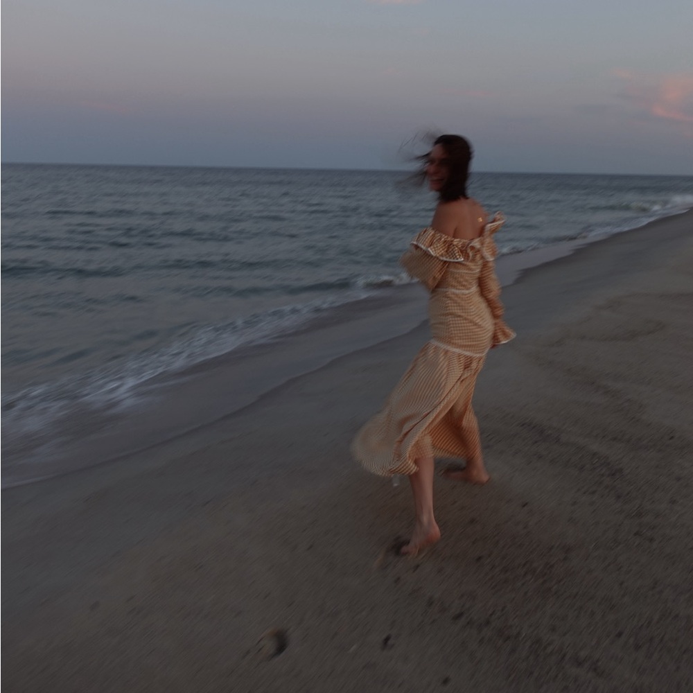 Keepsake Peach Gingham Off-Shoulder Maxi Dress